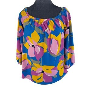Ann Taylor Factory Floral Happy Maximalist Off Shoulder Smocked Peasant Blouse S